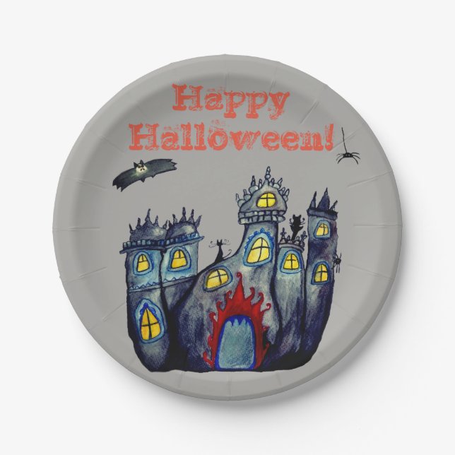 Plato De Papel Castillo de Halloween Happy Halloween Paper Plates (Anverso)