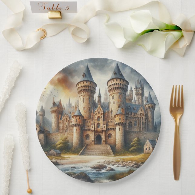 Plato De Papel Castillo medieval al atardecer con cielos atmosfér (Boda)
