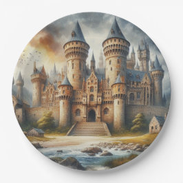 Plato De Papel Castillo medieval al atardecer con cielos atmosfér
