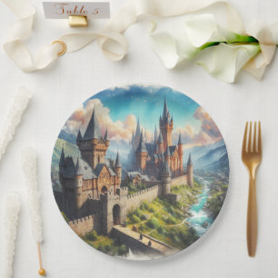 Plato De Papel Castillo medieval en un paisaje montañoso