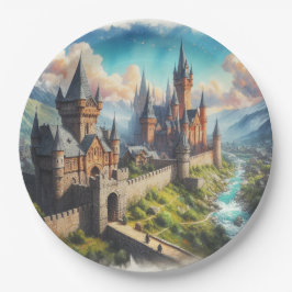 Plato De Papel Castillo medieval en un paisaje montañoso
