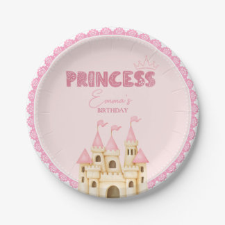 Plato De Papel Castillo Princesa Rosa Floral Encantador Cumpleaño