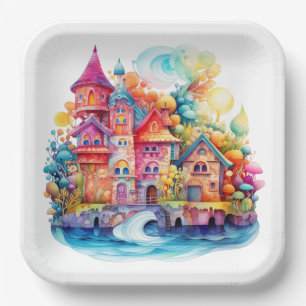 Plato De Papel Castillo Rosa Mundo de Ensueño