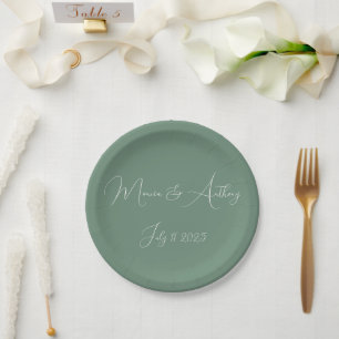 Plato De Papel Casual Sage Green Simple Script Boda Minimalista