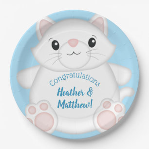 Plato De Papel Cat Baby Shower Kitty Blue