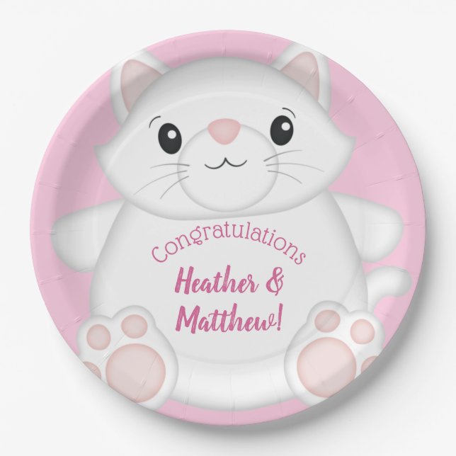 Plato De Papel Cat Baby Shower Kitty Pink (Anverso)