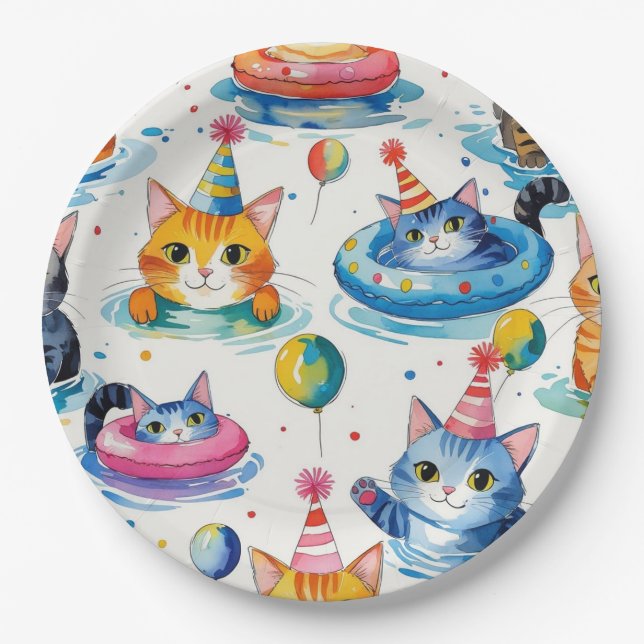 Plato De Papel Cat Birthday Pool Party for  Cat Lovers  (Anverso)