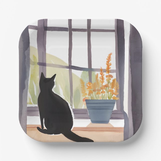 Plato De Papel Cat in Windowsill | Silhouette Watercolor  (Anverso)