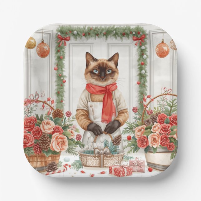 Plato De Papel Cat is arranging Christmas Flowers (Anverso)