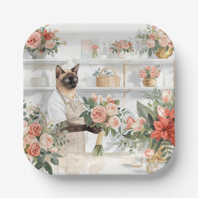 Plato De Papel Cat is arranging Christmas Flowers (Anverso)