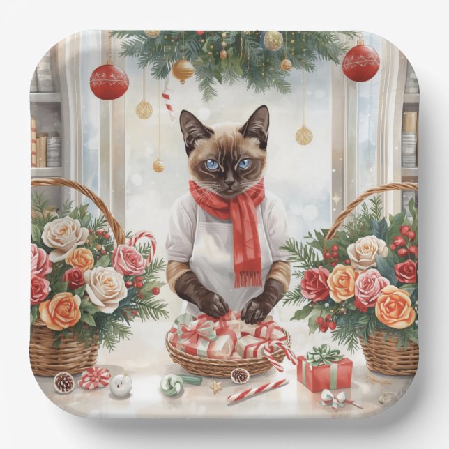 Plato De Papel Cat is arranging Christmas Flowers (Anverso)