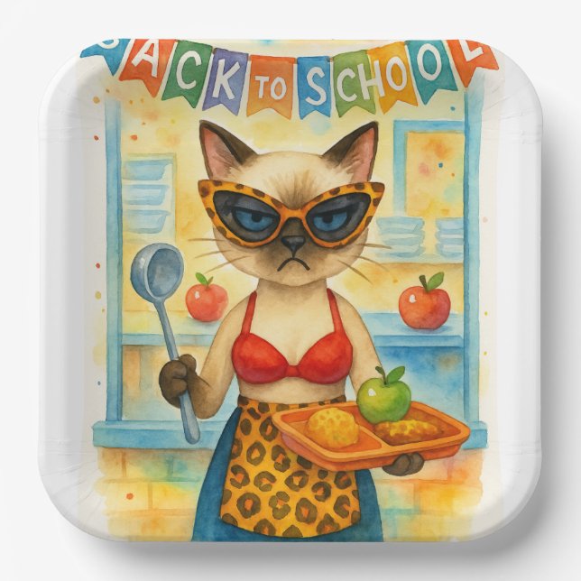 Plato De Papel Cat Lunch Lady Serving Food Back to School Themed (Anverso)