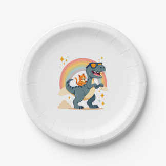 Plato De Papel Cat Riding Dinosaur T-Rex Kitten Rainbow Dino Funn