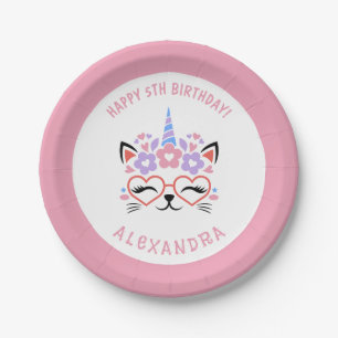 Plato De Papel Cat Unicorn Nombre Pink Purple Blue Birday Party