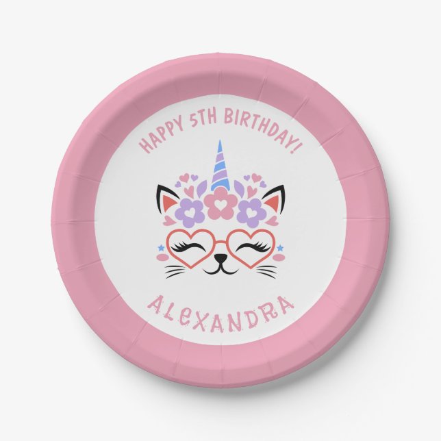 Plato De Papel Cat Unicorn Nombre Pink Purple Blue Birday Party (Anverso)