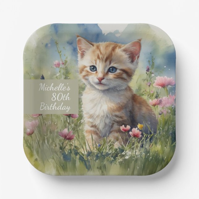 Plato De Papel Cat Watercolor Flowers 80th Birthday (Anverso)