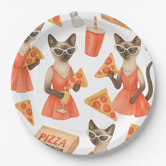 Plato De Papel Cat with pizza for Siamese Cat Lovers (Anverso)