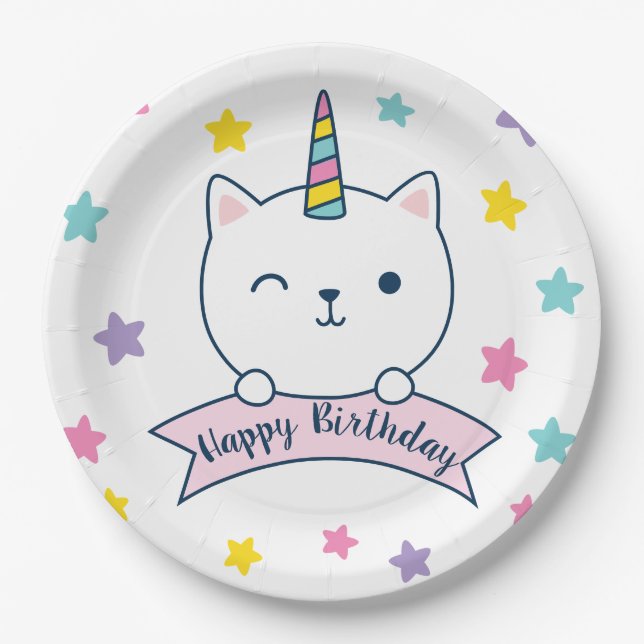 Plato De Papel Caticorn | Feliz Cumpleaños (Anverso)