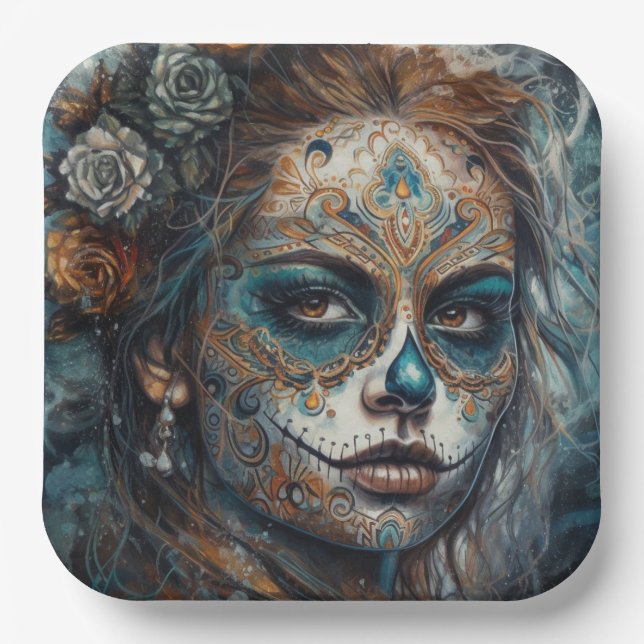 Plato De Papel Catrina Azul (Anverso)