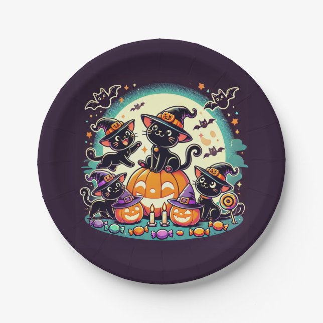 Plato De Papel Cats de Halloween T-Shirt (Anverso)