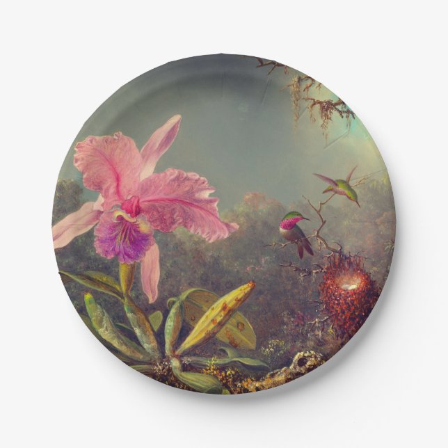 Plato De Papel Cattleya Orchid y tres Hummingbirds Heade (Anverso)