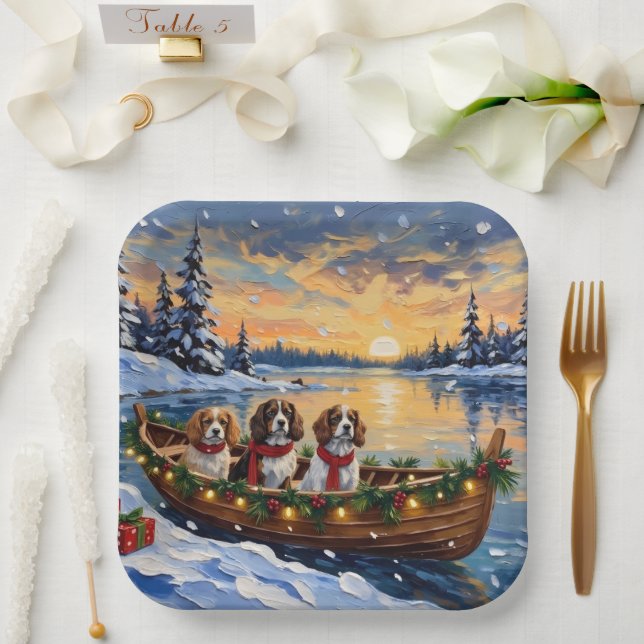 Plato De Papel Cavalier King Charles Spaniel Christmas Boat (Boda)