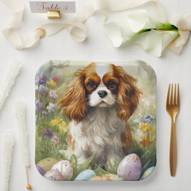 Plato De Papel Cavalier King Charles Spaniel con huevos de Pascua (Boda)