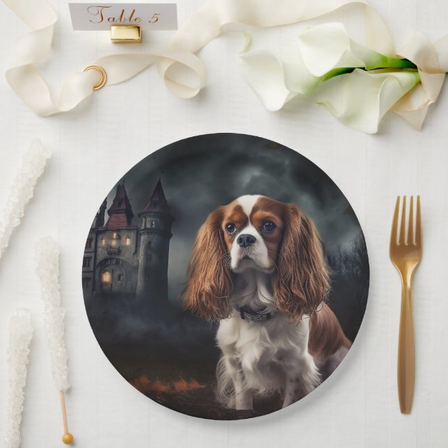 Plato De Papel Cavalier King Charles Spaniel Halloween Espantoso (Boda)