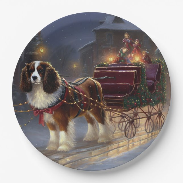 Plato De Papel Cavalier King Charles Spaniel Navidad Festiva (Anverso)