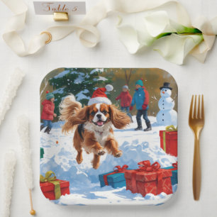 Plato De Papel Cavalier King Charles Spaniel Nieve con Navidad