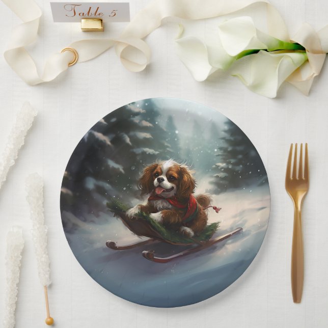 Plato De Papel Cavalier King Charles Spaniel  Nieve de Navidad (Boda)