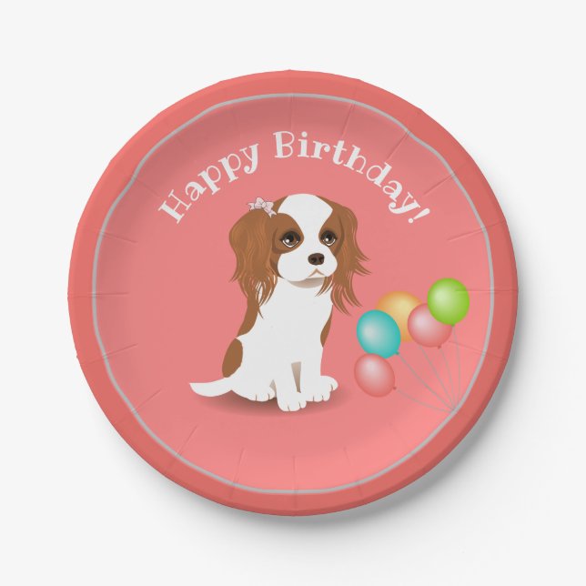 Plato De Papel Cavalier King Charles Spaniel Pink Happy Birday  (Anverso)