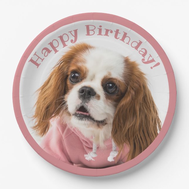 Plato De Papel Cavalier King Charles Spaniel Pink Happy Birday (Anverso)
