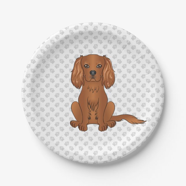 Plato De Papel Cavalier King Charles Spaniel rubí & Huellas (Anverso)