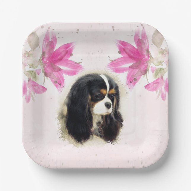 Plato De Papel Cavalier King Charles Spaniel - Tri, Placas Fiesta (Anverso)