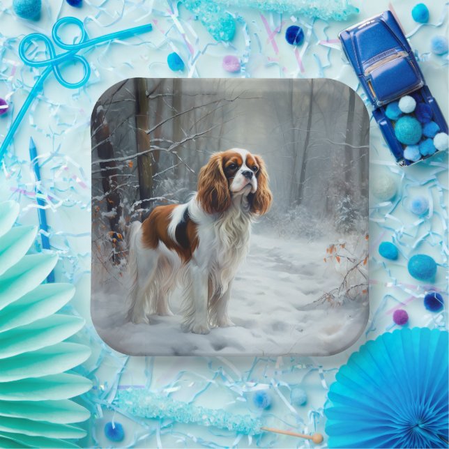 Plato De Papel Cavalier King Deja que nieve Navidad Cepillado  (Fiesta)