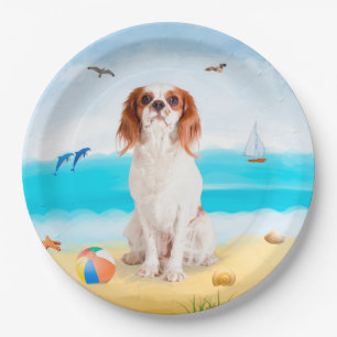 Plato De Papel Cavalier King Dog en la playa
