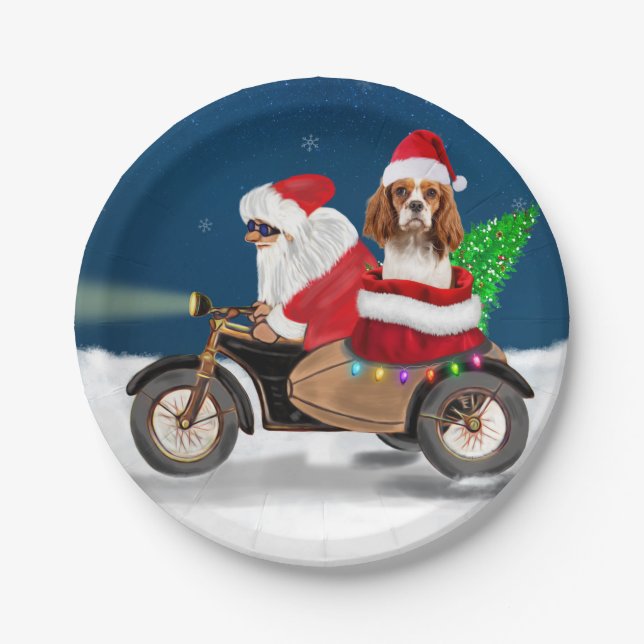 Plato De Papel Cavalier King Dog Navidades Santa Claus (Anverso)
