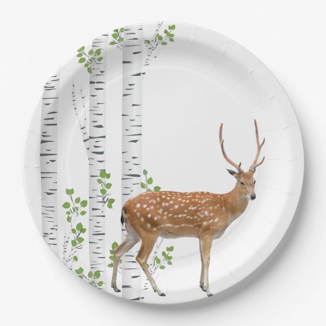 Plato De Papel Caza de Woodland de 9" de papel redondo de ciervo (Anverso)