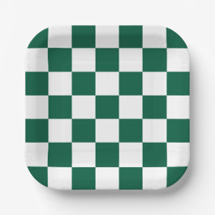 Plato De Papel Cazador Verde y Cuadros Blancos