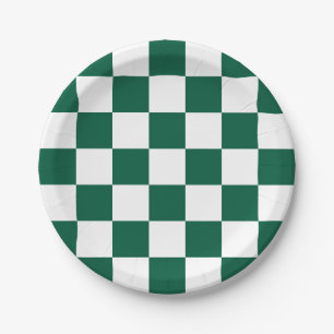 Plato De Papel Cazador Verde y Cuadros Blancos