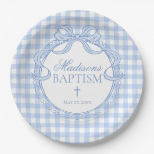 Plato De Papel Cazadora de Gingham Azul con Lazo Bautizo