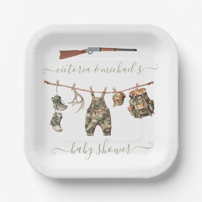 Plato De Papel Cazando Camo Boy Baby Shower (Anverso)