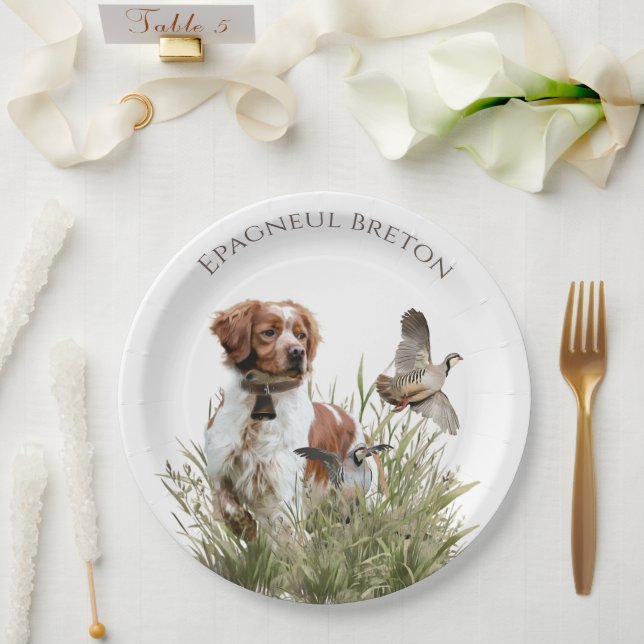 Plato De Papel Cazando con un perro de Bretaña, arte (Boda)