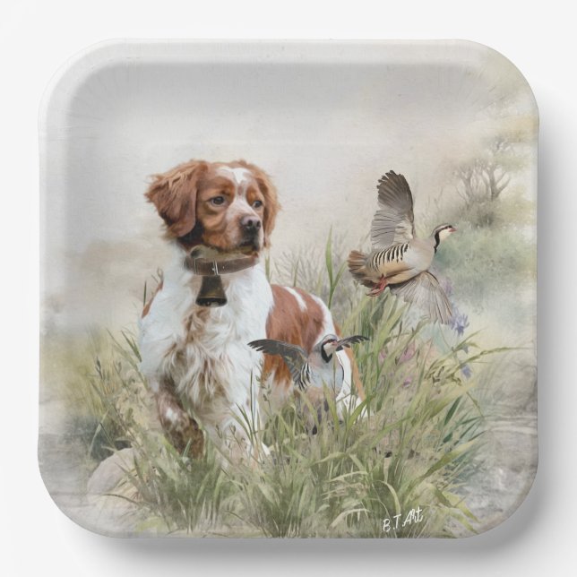 Plato De Papel Cazando con un perro de Bretaña, arte (Anverso)