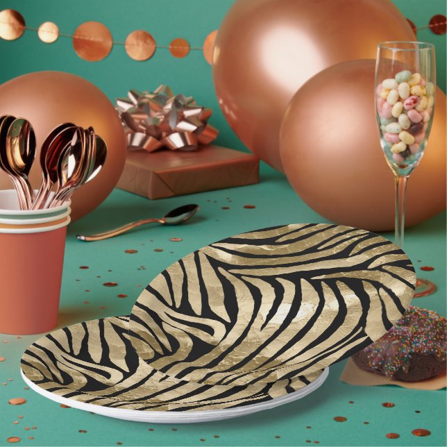 Plato De Papel Cebra de glam negro y dorado (Multi)
