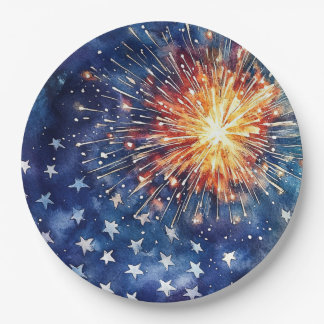 Plato De Papel Celebración de América. Estrellas y fuegos artific