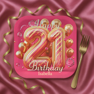 Plato De Papel Celebración de cumpleaños 21 con destellos de rosa