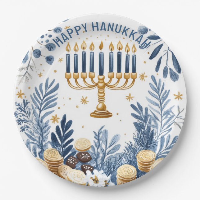 Plato De Papel Celebración de la acuarela Hanukkah (Anverso)