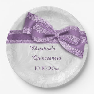 Plato De Papel Celebración de Quinceañera Morado Damask y Lazo Fa